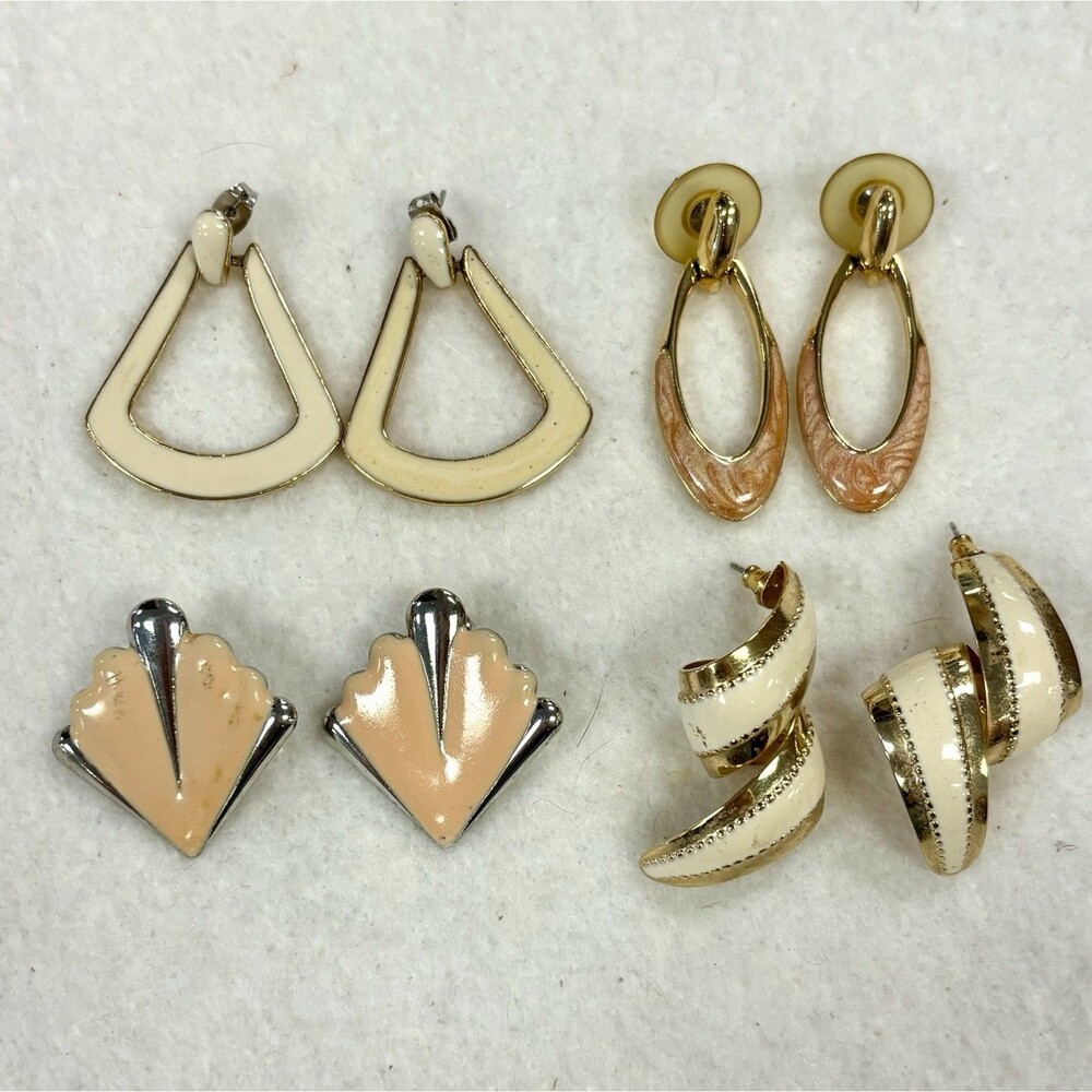 Vintage 80s Enamel Earrings Lot 4 Pairs Gold Tone Cream Peach Statement Pierced